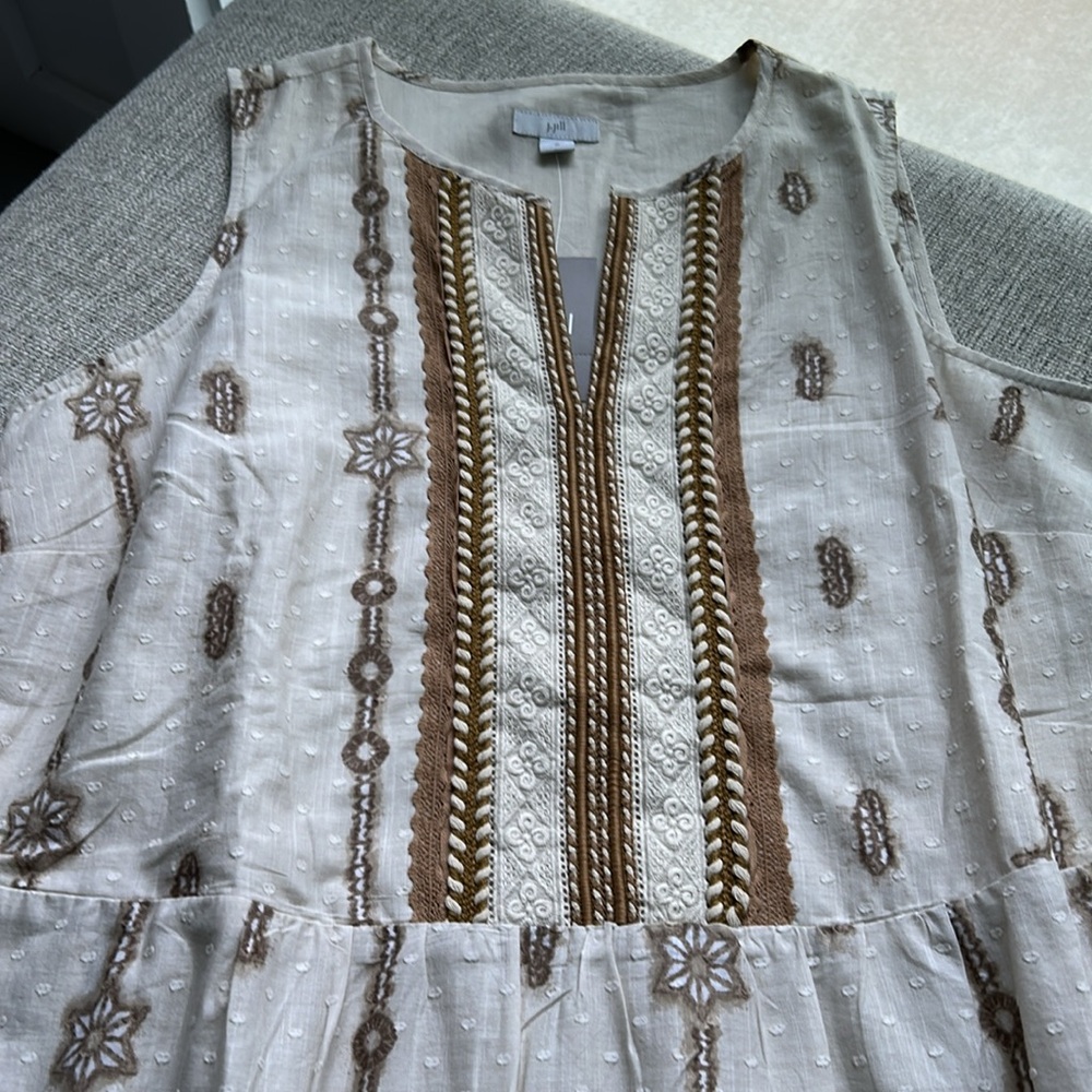 J.Jill Embroidered Cream and Brown Oatmeal Dress NWT Medium Made in India